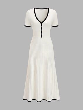 NWT Commense Elegant Cream V-Neck Button Midi Dress with Black Trim